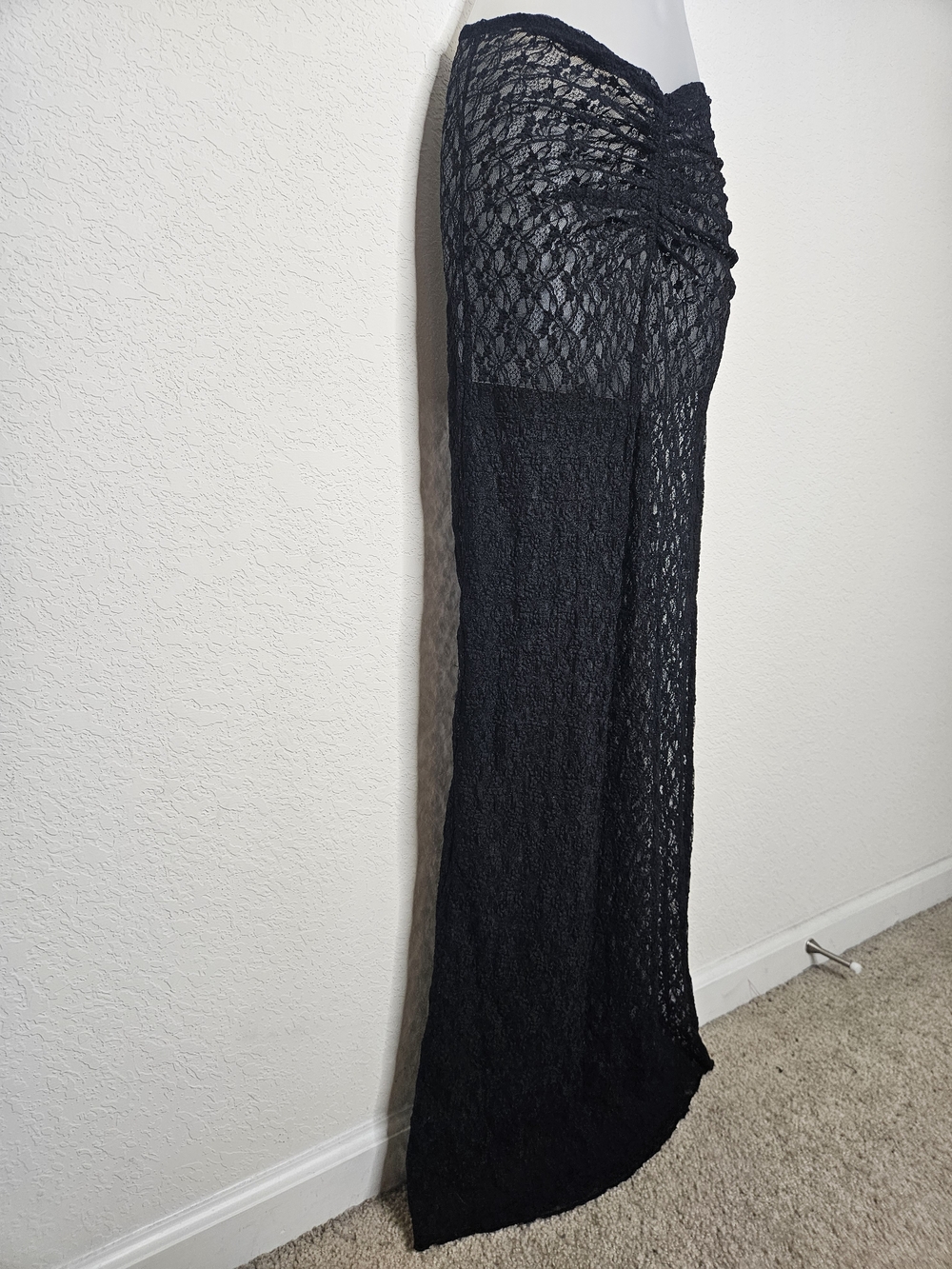 Naked Wardrobe Black Sheer Lace Maxi Skirt Ruched High Waist Size S - Picture 2 of 7